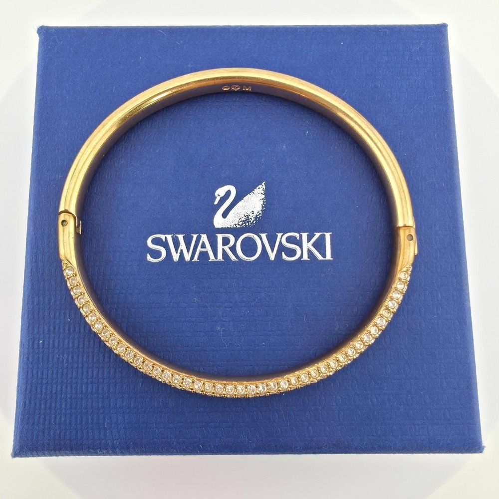 Vtg SWAROVSKI Bracelet Hinged Bangle Triple Row Pavé Set Crystals Gold Plate 7" - Picture 9 of 11